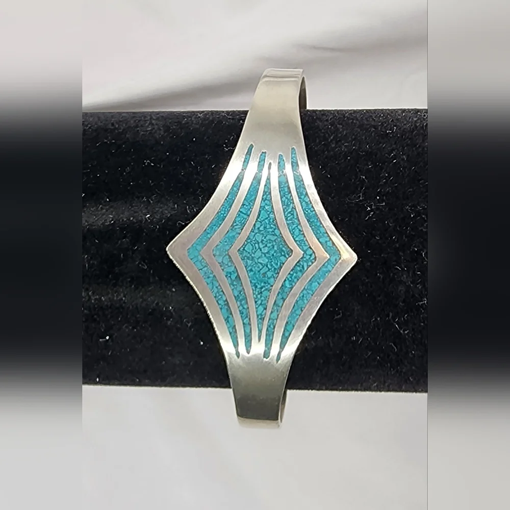 Vintage Sterling Silver Taxco Cuff Bracelet with turquoise inlay.